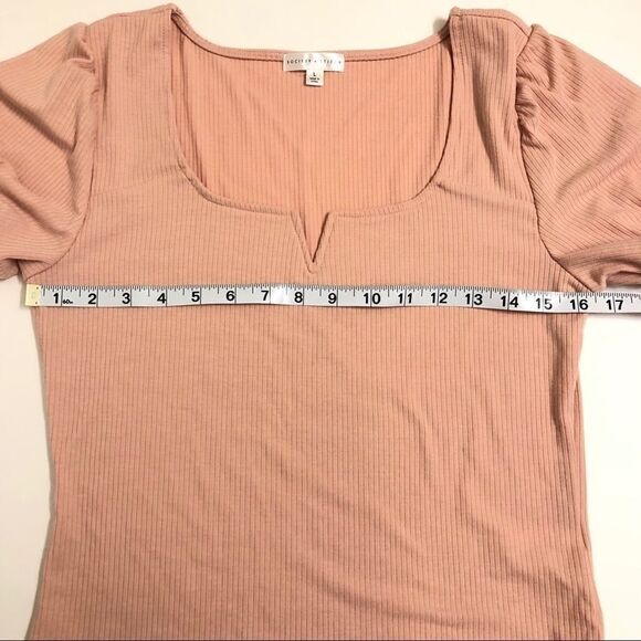 SOCIETY STITCH blush Pink ribbed Crop low cut Top t shirt balloon puff sleeve-L - Picture 3 of 8